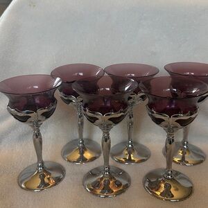 Vintage Silver Pedestal with glass amethyst Coupe Glasses Set of 6